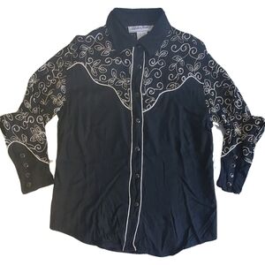 Adobe Rose Black Rayon Western Shirt with White Vines Embroidery Medium